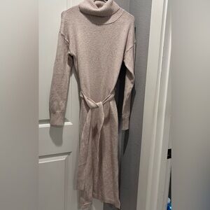 Turtleneck Knit Belted Mid-Length Dress